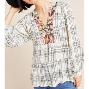 Anthropologie Darlene Plaid Blouse Tiered Flowy Plaid‎ Floral Jacquard Metallic